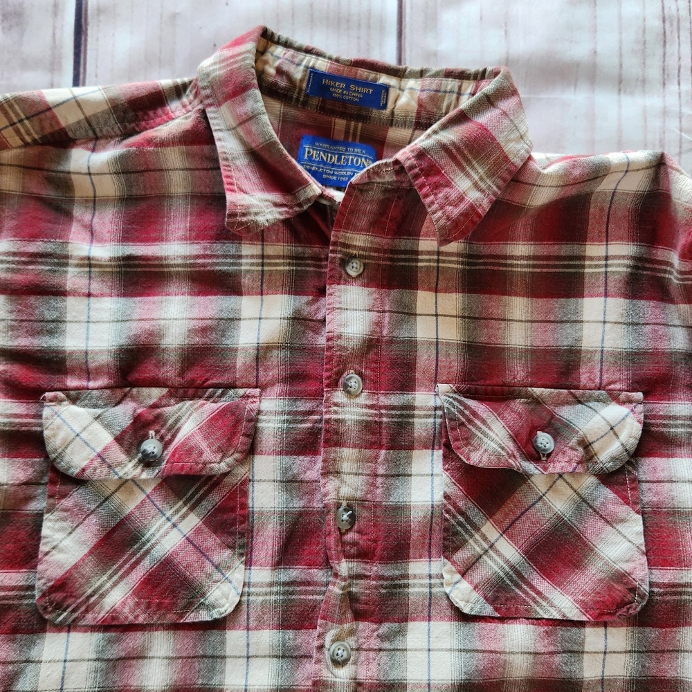 Pendleton "Hiker Shirt" Long Sleeve Plaid Red Green Cream, Men's Size L - Picture 4 of 8